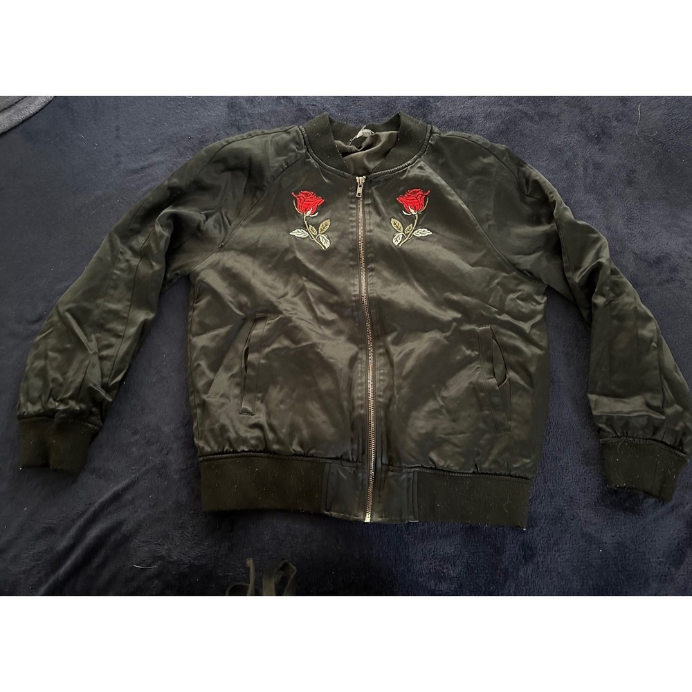 Kendall & Kylie‎ Black Satin Bomber Jacket Rose Embroidered women's size Small